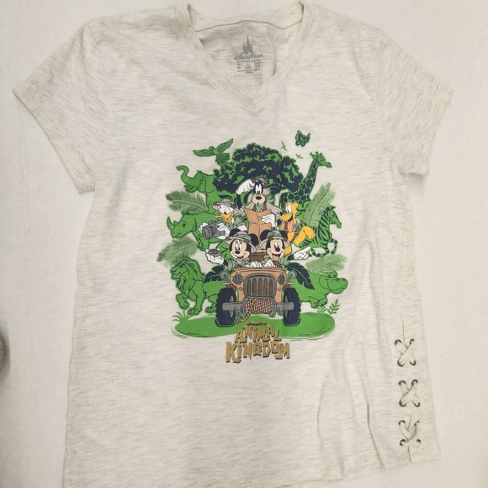 Disney Parks Animal Kingdom T Shirt White Mickey &‎ Friends Lace Up Sides XL